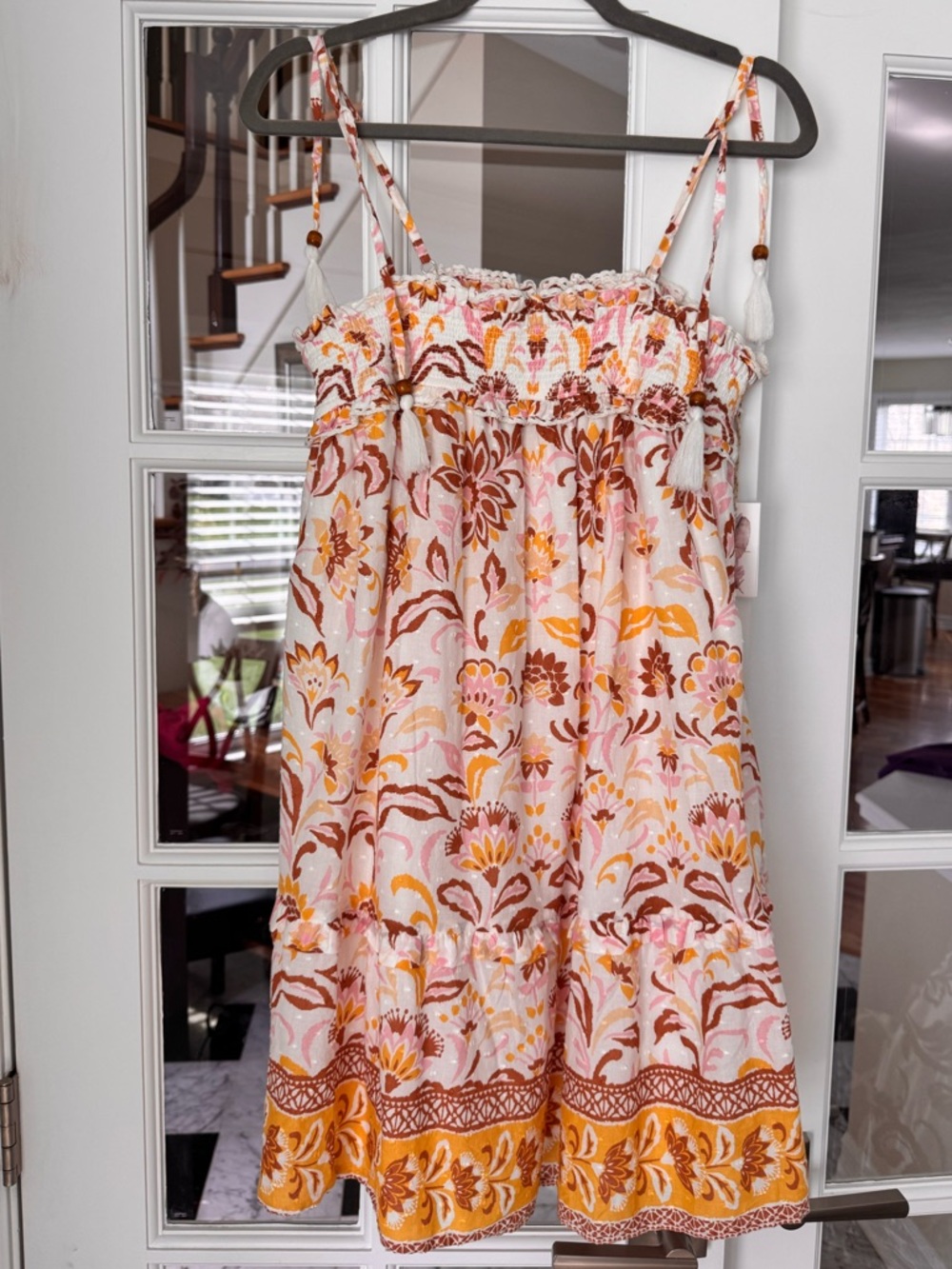 Floral Cotton Mini Sun Beach Dress L Tassel Ties Beads Boho Festival Babydoll
